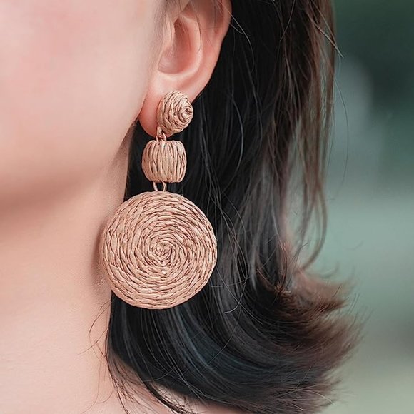 Tan Rafia Earrings Wicker Beach Statement Rattan Big Straw Dangle 80s 90s Retro - Picture 8 of 10